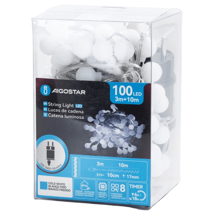 Aigostar - LED buiten decoratief lichtsnoer, 100 LED, 8 functies, 10 m, IP44, koel wit