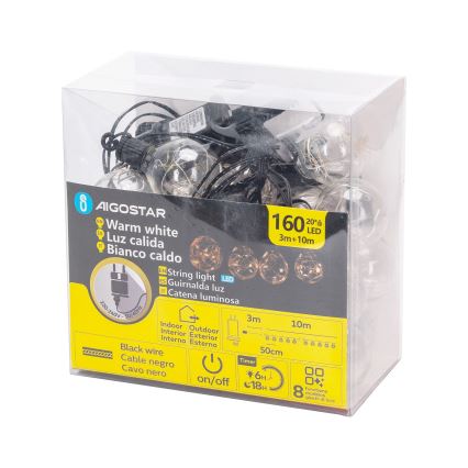 Aigostar - LED decoratieve lichtslinger voor buiten 160xLED 10m IP44 warm wit