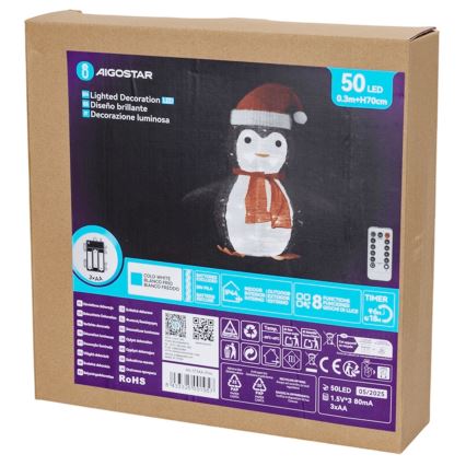 Aigostar - LED buiten kerstdecoratie 50xLED/3xAA IP44 pinguïn