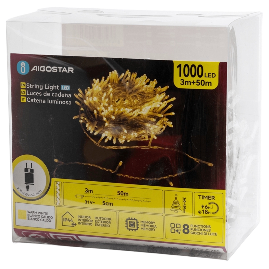 Aigostar - LED buiten-kerstsnoer 1000x LED / 8 functies 50 m IP44 warm wit