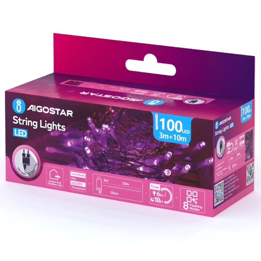 Aigostar - LED buiten kerstlichtsnoer 100xLED/8 functies 13m IP44 roze