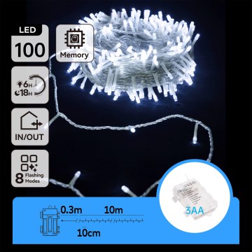 Aigostar - LED buiten kerstlichtsnoer 100xLED/8 functies/3xAA 10,3m IP44 koel wit