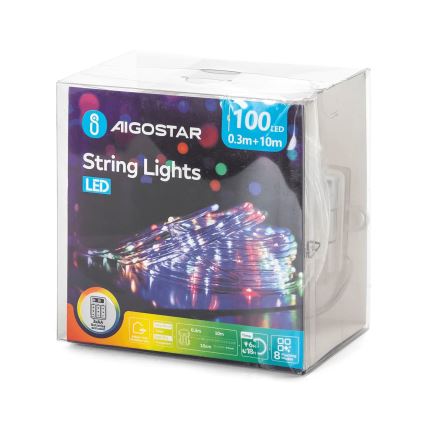 Aigostar - LED buiten kerstverlichting, 100x LED, 8 functies, 3x AA, 10,3 m, IP44, meerkleurig