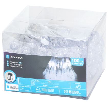 Aigostar - LED buiten kerstverlichting 100xLED/8 functies 3xAA 10m IP44 koud wit druppels