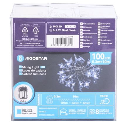 Aigostar - LED buitensnoer voor kerst 100xLED/8 functies 3xAA 10 m IP44 koud wit