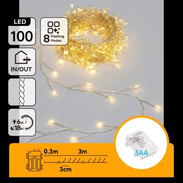 Aigostar - LED buiten kerstlichtsnoer 100xLED/8 functies 3xAA 3,3m IP44 warm wit