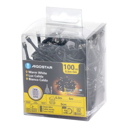 Aigostar - LED kerstlichtsnoer voor buiten 100x LED / 8 functies 3xAA 5,3 m IP44 warm wit