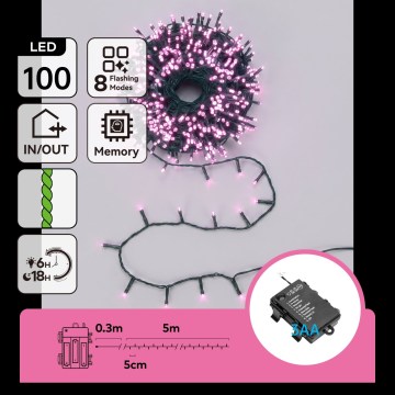 Aigostar - LED buiten kerstlichtsnoer 100xLED/8 functies 3xAA 5,3m IP44 roze