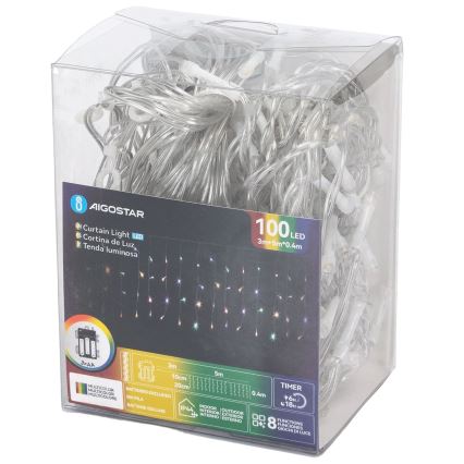 Aigostar-LED Buiten kerstlichtsnoer 100xLED/8 functies 3xAA 8x0,4m IP44 meerkleurig