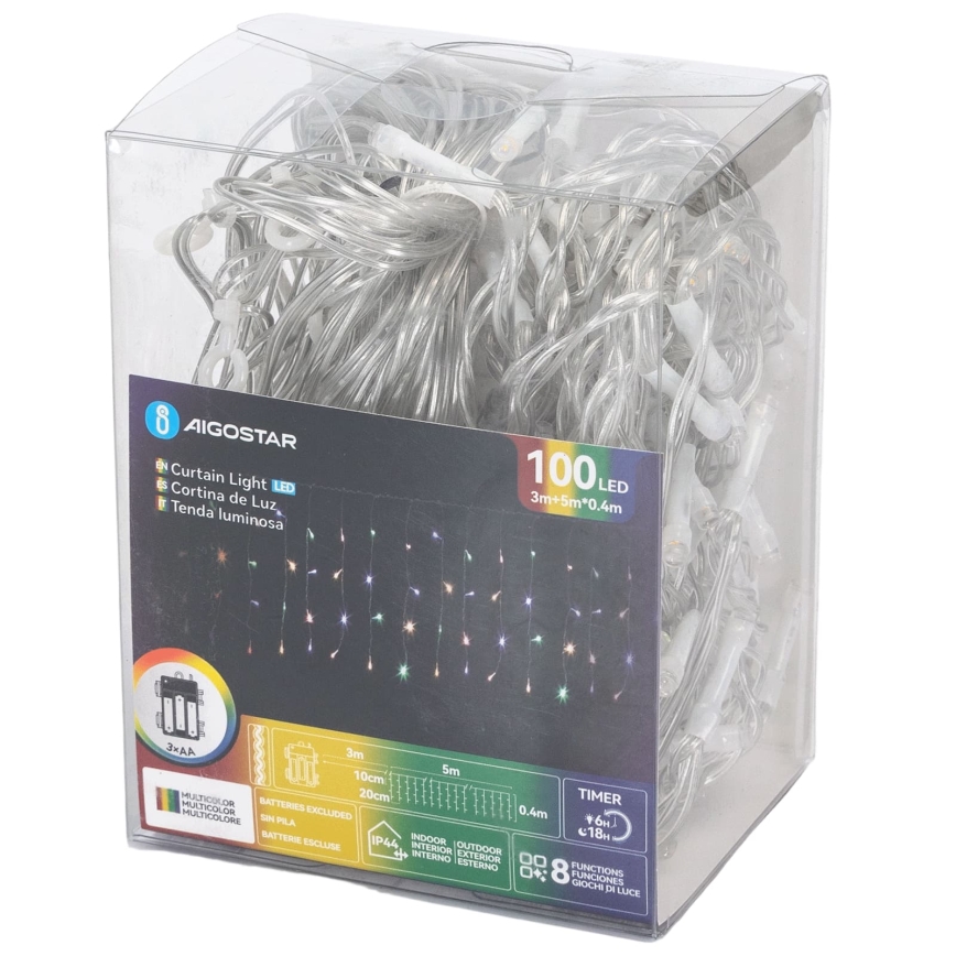 Aigostar-LED Buiten kerstlichtsnoer 100xLED/8 functies 3xAA 8x0,4m IP44 meerkleurig