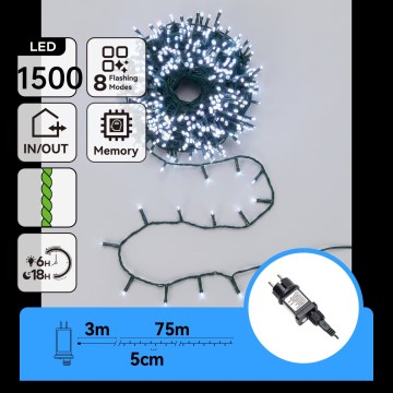 Aigostar - LED buiten kerstlichtsnoer 1500xLED / 8 functies, 78 m, IP44, koud wit