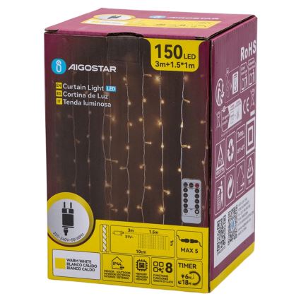Aigostar - LED buiten kerstsnoer 150xLED/6W/230V/8 functies 1,5x1m IP44 warm wit + afstandsbediening