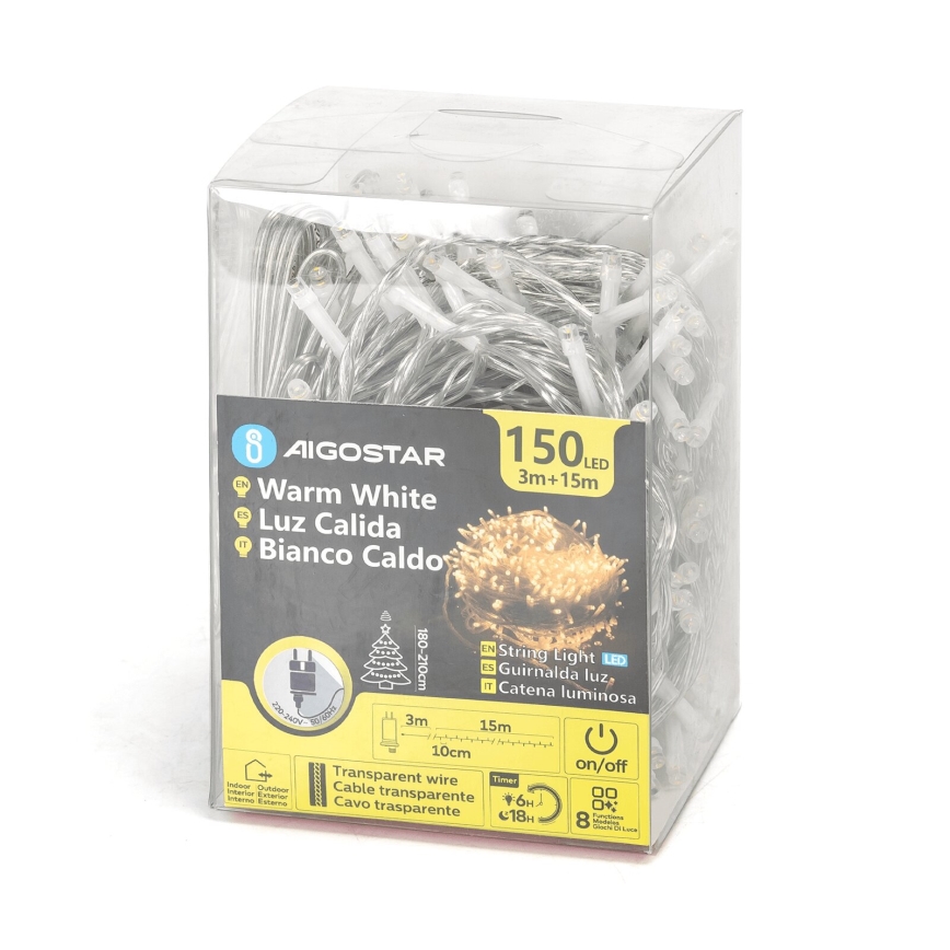Aigostar - LED buiten kerstlichtsnoer 150xLED/8 functies 18m IP44 warm wit