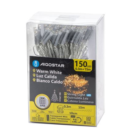 Aigostar -LED buiten kerstlichtsnoer 150xLED/8 functies 3xAA 15,3m IP44 warm wit