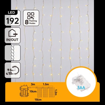 Aigostar - LED buiten kerstlichtsnoer 192xLED/8 functies 3xAA 4,5x1,2m IP44 warm wit