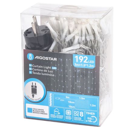 Aigostar - LED buiten kerstverlichting 192xLED/8 functies 4,5x1,2m IP44 koud wit