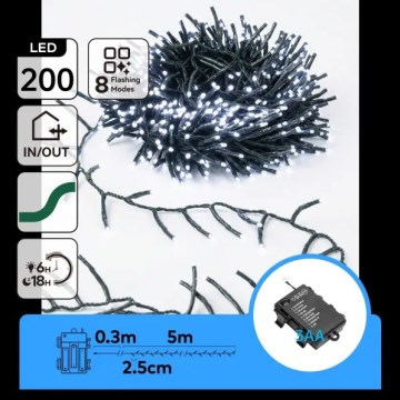 Aigostar - LED buiten kerstlichtsnoer, 200 LED, 8 functies, 3x AA, 5,3 m, IP44, koel wit