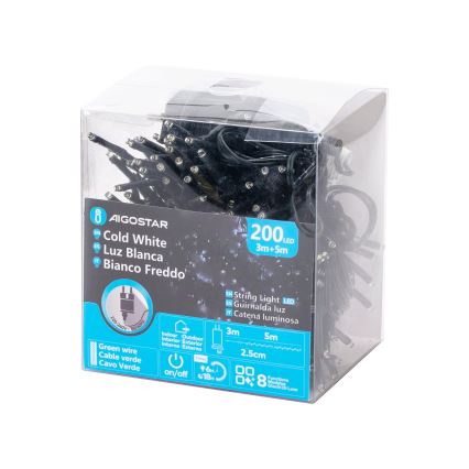 Aigostar - LED buiten kerstlichtsnoer 200 LED/8 functies 8 m IP44 koud wit