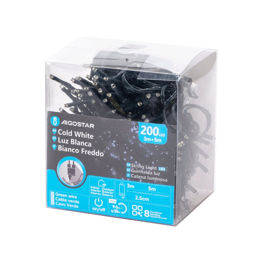 Aigostar - LED buiten kerstlichtsnoer 200 LED/8 functies 8 m IP44 koud wit