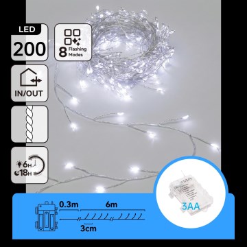 Aigostar - LED buiten kerstlichtsnoer 200xLED/8 functies 3xAA 6,3m IP44 koud wit