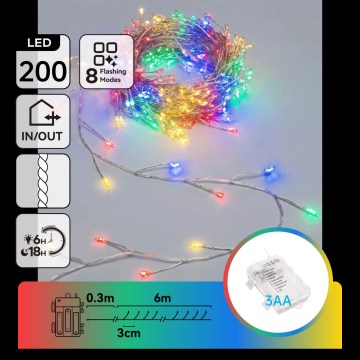 Aigostar - LED buiten kerstlichtsnoer 200xLED/8 functies 3xAA 6,3m IP44 multicolor