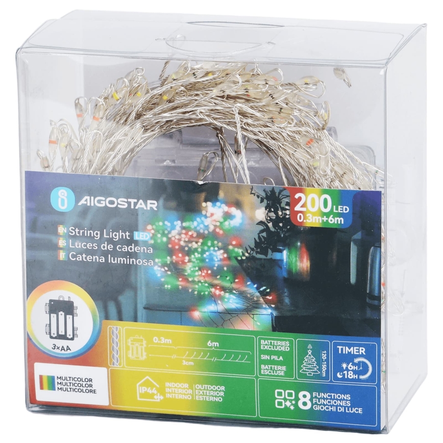 Aigostar - LED buiten kerstlichtsnoer 200xLED/8 functies 3xAA 6,3m IP44 multicolor