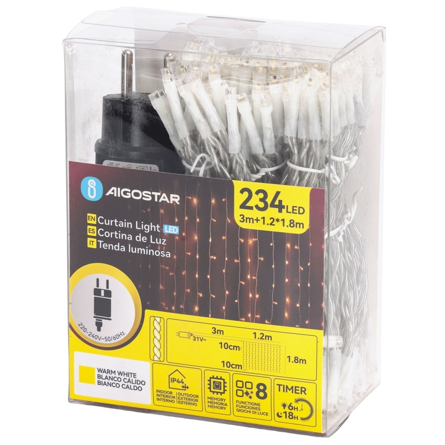 Aigostar - LED buiten kerstlichtsnoer 234xLED/8 functies 1,2x1,8 m IP44 warm wit