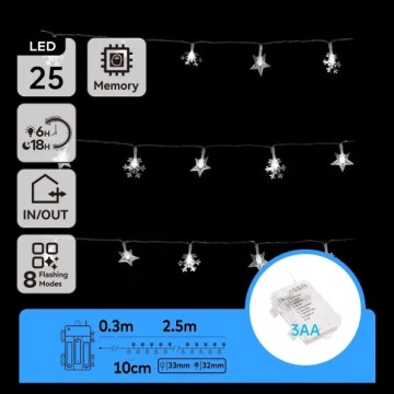 Aigostar - LED buiten kerstlichtsnoer 25xLED/8 functies 3xAA 2,5 m IP44 koud wit