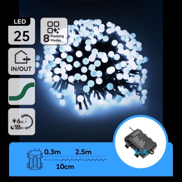 Aigostar - LED buiten kerstlichtsnoer 25xLED/8 functies 3xAA 2,8m IP44 koud wit