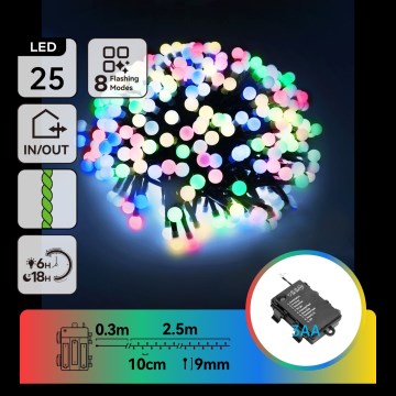 Aigostar - LED buiten kerstlichtsnoer 25xLED/8 functies 3xAA 2,8m IP44 meerkleurig
