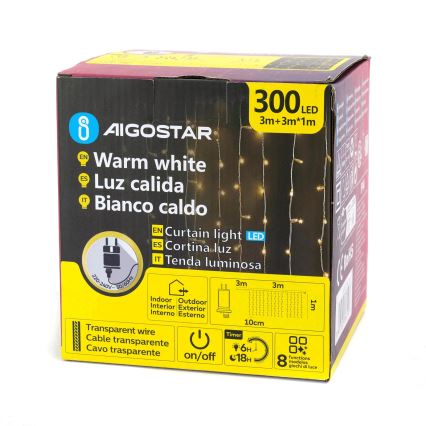 Aigostar - LED-lichtsnoer voor buiten 300xLED/8 functies 3x1m IP44 warm wit + afstandsbediening