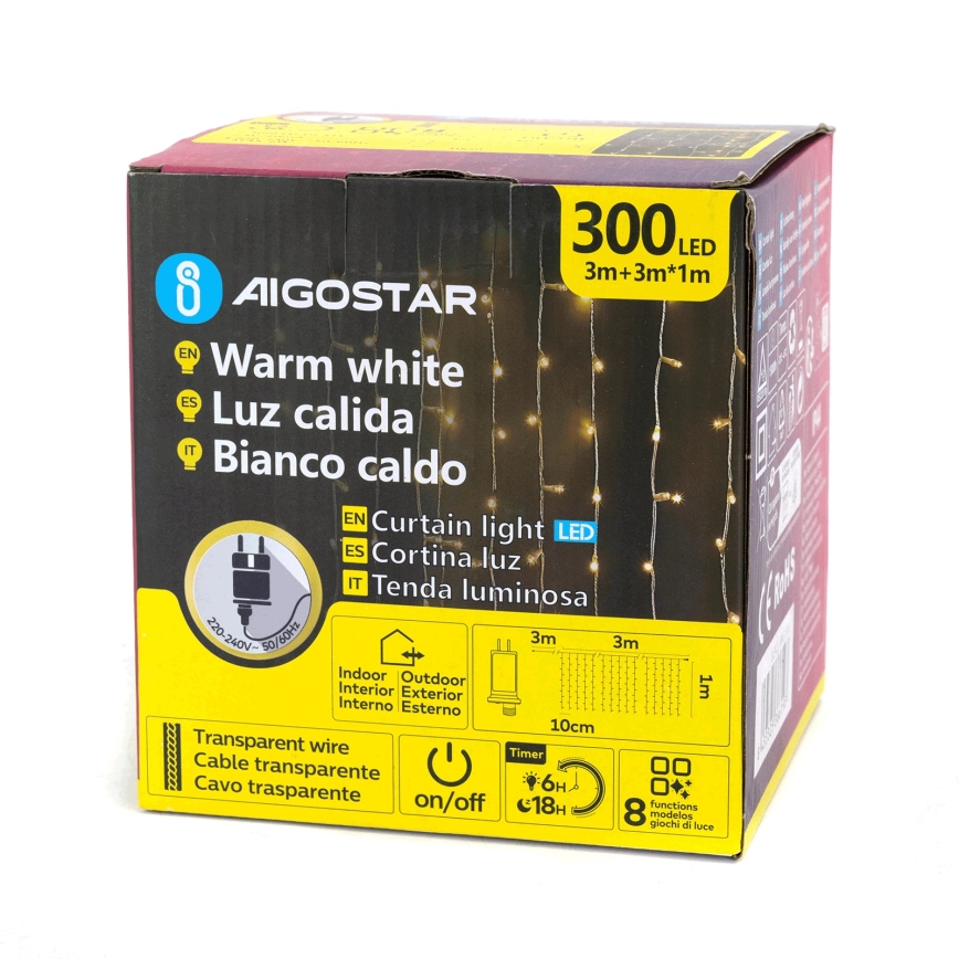 Aigostar - LED-lichtsnoer voor buiten 300xLED/8 functies 3x1m IP44 warm wit + afstandsbediening