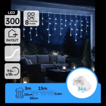 Aigostar - LED buiten kerstlichtsnoer 300xLED/8 functies 3xAA 18x0,6 m IP44 koud wit