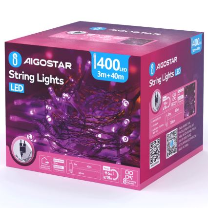 Aigostar - LED buiten kerstlichtsnoer 400xLED/8 functies 43m IP44 roze