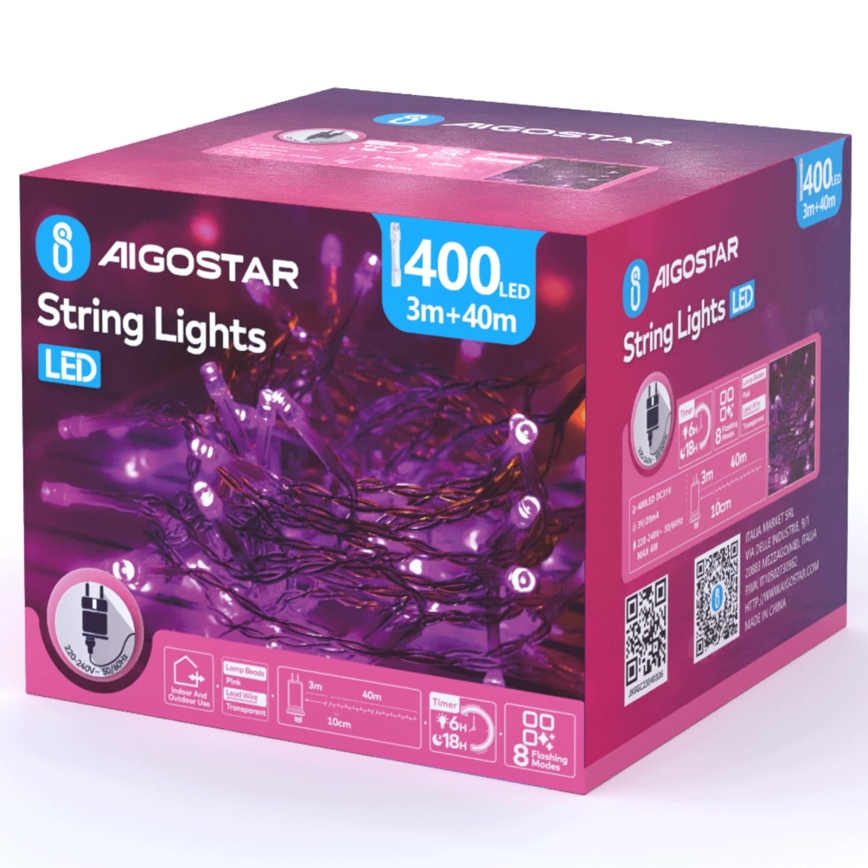 Aigostar - LED buiten kerstlichtsnoer 400xLED/8 functies 43m IP44 roze