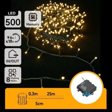 Aigostar - LED buiten kerstlichtsnoer 500xLED/8 functies 4xAA 25,3 m IP44 warm wit