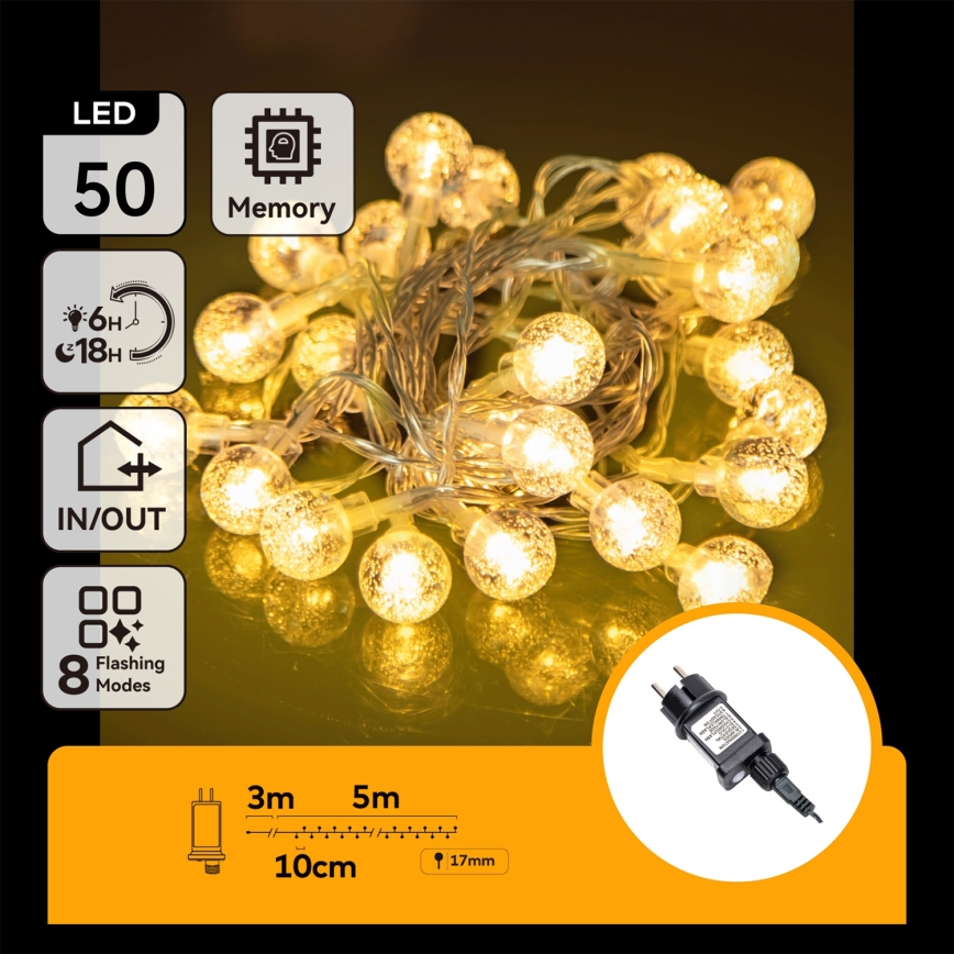 Aigostar - LED buiten kerstlichtsnoer 50x LED / 8 functies, 8 m, IP44, warm wit