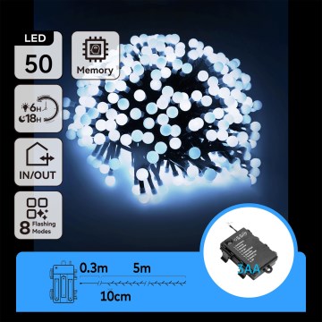 Aigostar -LED Buiten kerstlichtsnoer 50xLED/8 functies 3xAA 5,3m IP44 koel wit