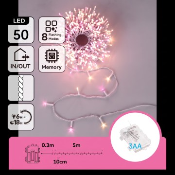 Aigostar - LED buiten kerstlichtsnoer 50xLED/8 functies 3xAA 5,3m IP44 roze/warm wit