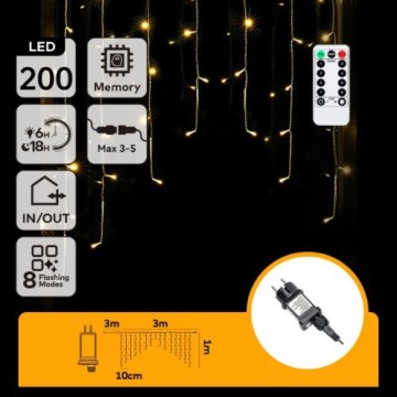 Aigostar - LED Buiten Kerstmis String Lights 200 LEDs/6W/230V/8 Functies 3x1m IP44 warm wit + afstandsbediening