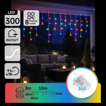 Aigostar - LED buiten kerstslinger 300xLED/8 functies 3xAA 18x0,6 m IP44 meerkleurig