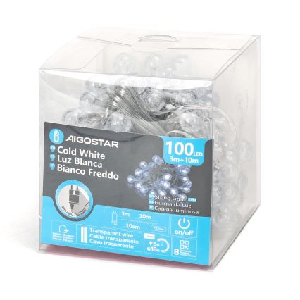Aigostar - LED buiten kerstsnoer 100x LED / 8 functies, 13 m, IP44, koel wit