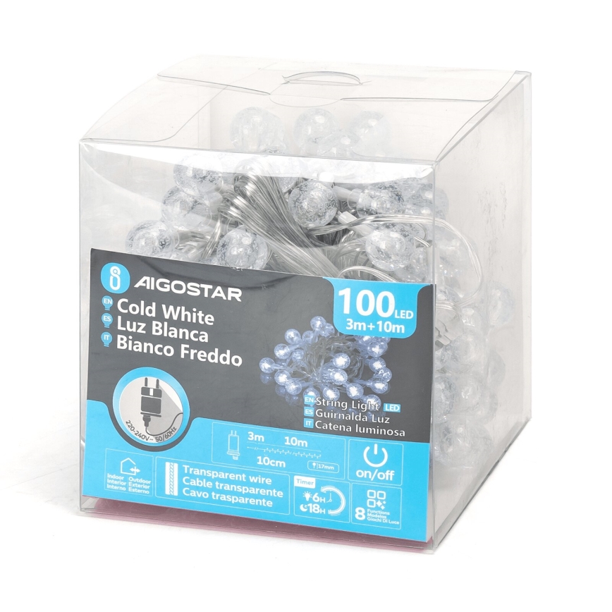 Aigostar - LED buiten kerstsnoer 100x LED / 8 functies, 13 m, IP44, koel wit