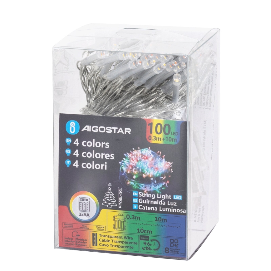 Aigostar - LED buiten kerstlichtsnoer 100xLED/8 functies 3xAA 10,3m IP44 meerkleurig