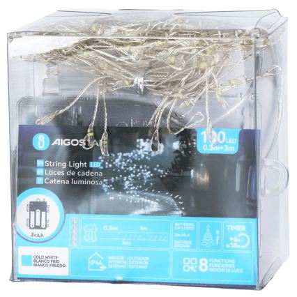 Aigostar - LED buiten kerstverlichting 100xLED/8 functies 3xAA 3,3m IP44 koel wit