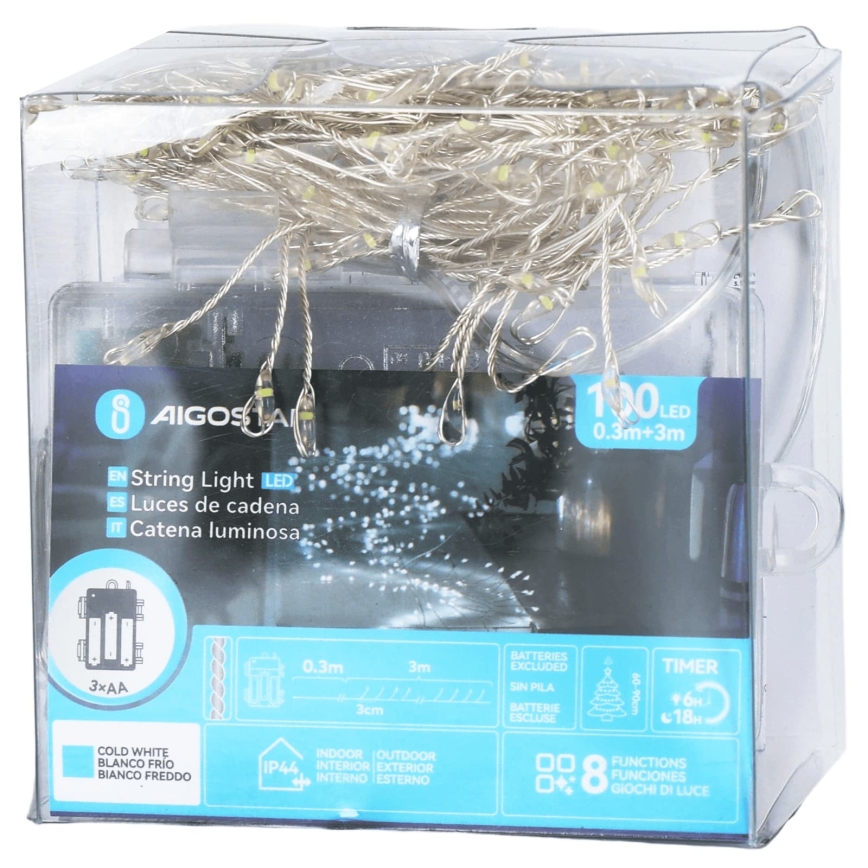 Aigostar - LED buiten kerstverlichting 100xLED/8 functies 3xAA 3,3m IP44 koel wit