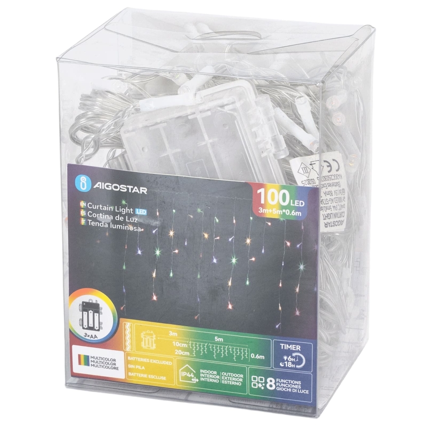 Aigostar - LED buiten kerstsnoer 100xLED/8 functies 3xAA 8x06m IP44 meerkleurig
