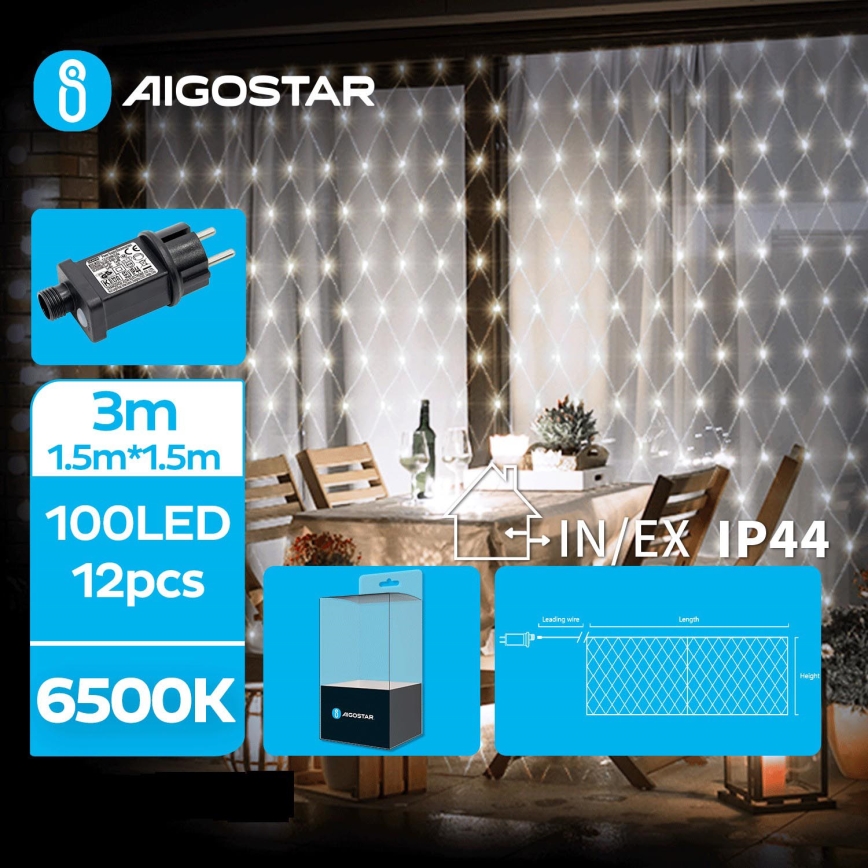 Aigostar- LED buiten-kerstsnoer 100xLED/8 functies 4,5x1,5m IP44 koud wit