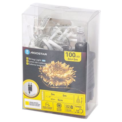 Aigostar - LED buiten kerstsnoer 100xLED/8 functies 5,3m IP44 warm wit
