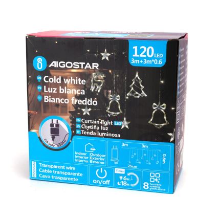Aigostar - LED buiten kerstlichtsnoer, 120 LED, 8 functies, 3 x 0,6 m, IP44, koud wit, met afstandsbediening